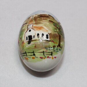 Painted Ceramic Egg Church and Barn Scene